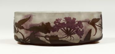 EMILE GALLE A CAMEO GLASS SHAPED BOWL with flowers in relief. Cameo Galle signature 9.5ins long, 5.