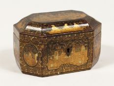 A CHINESE BLACK AND GILT TEA CADDY with pewter liner with top. 6.5ins long