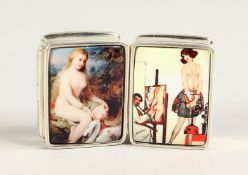 TWO SILVER AND ENAMEL NUDE PILL BOXES