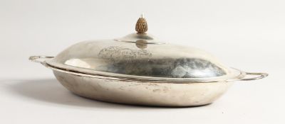 A GEORGE III SILVER OVAL TWO HANDLED TUREEN AND COVER, London 1797, Maker E. E. Wall, 30ozs.