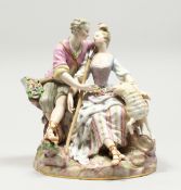 A GOOD LARGE MEISSEN PORCELAIN GROUP OF LOVERS, a lamb by her side holding a staff, the man's hat