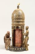 A COLD PAINTED BRONZE CIRCULAR TOWER with two men peering in at a naked woman. 12ins high.