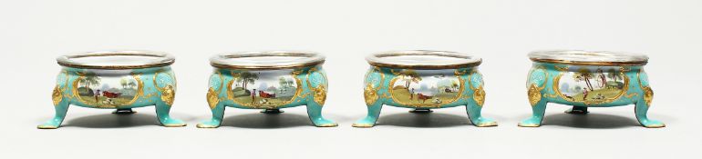 A VERY RARE SET OF FOUR BATTERSEA ENAMEL CIRCULAR SALTS, turquoise-colour ground, painted with