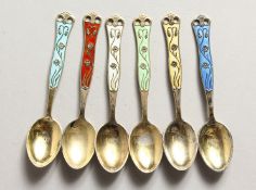 A SET OF SIX SILVER AND ENAMEL SPOONS, Noway, sterling.