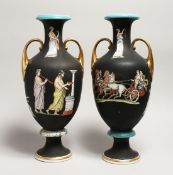 A PAIR OF CLASSICAL TWO HANDLED VASES with Greek figures 16ins high.