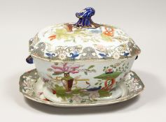 A MASONS IRONSTONE GREYISH JAPAN PATTERN TUREEN, COVER AND STAND. 12ins high.