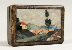 A GOOD LEATHER BOX with Pietra Dura inlaid top. 5ins long.
