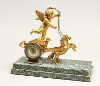 AN EMPIRE GILDED CHARIOT CLOCK on a marble base. 11ins high.