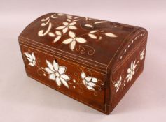 AN INLAID MOTHER OF PEARL WOODEN JEWELLERY BOX, inlaid with floral decoration, 25cm wide x 19cm