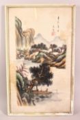A LARGE PAIR OF CHINESE THEMED NAUTICAL PAINTED PICTURES, each depicting junk in harbours, framed,
