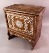 A MOTHER OF PEARL INLAID WOOD SMALL CUPBOARD, with a front drop panel door, 47cm high x 47cm wide