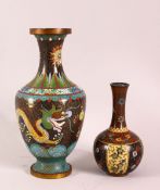 TWO CHINESE CLOISONNE VASES, one with dragons chasing pearls, the other with butterflies, 24cm &