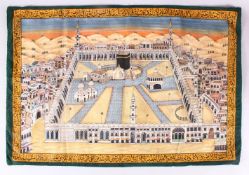 A LARGE 19TH CENTURY PAINTING OF MECCA, the painted scenes depicting mecca with bands of