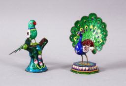 TWO 19TH / 20TH CENTURY INDIAN ENAMEL BIRD FIGURES, one of a peacock, the other of a bird upon