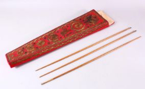 A 19TH CENTURY OTTOMAN EMBROIDERED TEXTILE ARROW POUCH & THREE ARROWS, the red pouch with gilt metal