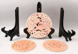THREE 20TH CENTURY CHINESE CARVED HARDSTONE / JADELIKE BI - DISKS, each disk carved with koi carp,