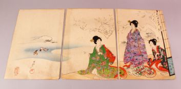 THREE JAPANESE MEIJI PERIOD WOODBLOCK PRINTS BY CHIKANOBU YOSHU 1838 - 1912, depicting snow in the