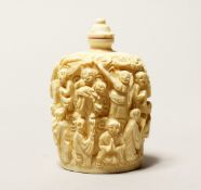 A CHINESE CARVED IVORY SCENT BOTTLE, surrounded by figures, 3ins high.