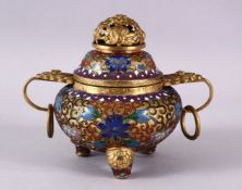 A CHINESE CLOISONNE TRIPLE FOOT CENSER & COVER, with raised enamel decoration of lotus, triple