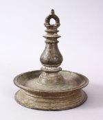 A GOOD INDIAN BRONZE OIL LAMP, Signed and dated to the central section, 17cm high x 13.5cm
