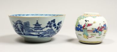 A CHINESE BLUE AND WHITE CIRCULAR BOWL, 8ins, and a ginger jar (2).