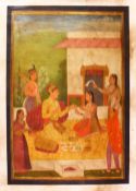 AN INDIAN PAINTING ON CANVASS OF PRINCE AND ATTENDANTS, seated in the garden having a picnic, 83cm x