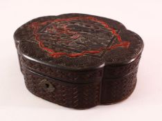 A CHINESE WOOD & LACQUER BOX, of weave style form, with a landscape view, 19.5cm