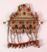 A TURKISH METAL INLAID BRIDES NECKLACE, with inlaid semi precious stones, with chain hangings.