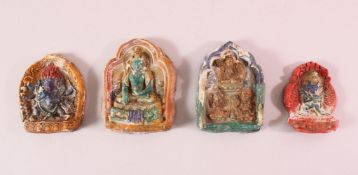 FOUR TIBETAN POTTERY MOULDED PANELS, each depicting a beast or buddha figure, 11cm down to 8cm (4)