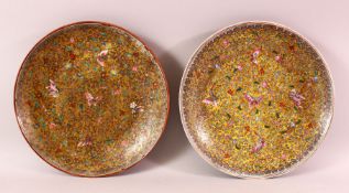 A TWO 19TH / 20TH CENTURY CHINESE FAMILLE ROSE PORCELAIN MILLEFLUER DISH, both with butterfly and