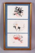 A CHINESE FRAMED PAINTED TRIO, depicting fruit, figure on horseback, and flora, each sealed and