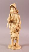 A LARGE JAPANESE MEIJI PERIOD CARVED IVORY OKIMONO - FARMER - the large okimono depicting a female