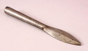 AN INDIAN STEEL SPEARHEAD, with traces of engraved script - possibly Sikh, 25cm long.