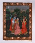 AN INDIAN PAINTED PICHIWA, depicting a blue skin god with attendants in landscape settings, 55cm x