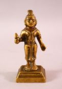 SMALL 19TH CENTURY INDIAN BRONZE DEITY FIGURE, stood holding an object, 12.5cm