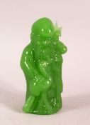 A CHINESE GREEN GLASS FIGURE OF LUOHAN, 10.5cm