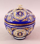A BOHEMIAN BLUE CUT GLASS ENAMELED SWEET JAR & COVER, 17cm high.