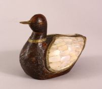 A 19TH / 20TH CENTURY INDIAN CARVED WOOD & MOTHER OF PEARL INLAID MODEL OF A DUCK, 15cm wide.