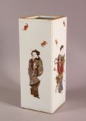 A CHINESE FAMILLE ROSE SQUARE FORMED PORCELAIN VASE, each panel decorated with a figure and bats,