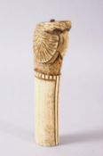 A 19TH CENTURY INDIAN MUGHAL CARVED IVORY BIRD FORMED DAGGER HANDLE, 13cm.