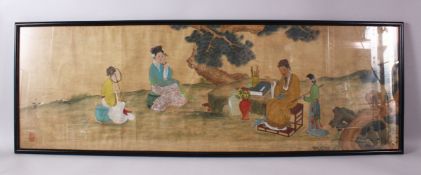 A CHINESE FRAMED LANDSCAPE PICTURE, of a scribe with figures, 36cm x 12cm.