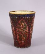 A CHINESE 19TH CENTURY CLOSIONNE BEAKER, with floral motif decorated panels and enameled interior,