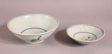 TWO CHINESE POSSIBLY MING BLUE & WHITE POTTERY BOWLS, one with central calligraphy, the other with