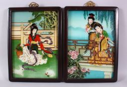 A PAIR OF REVERSE PAINTED FRAMED PICTURES, of young ladies, 34cm x 23cm.