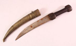 AN IRANIAN OR TURKISH OTTOMAN HUNTER KNIFE, carved wood handle, steel blade & moulded sheath, 41cm
