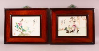 A PAIR OF CHINESE FAMILLE ROSE PORCELAIN PANELS, depicting birds and flora, mother and child, each