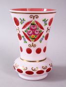 A GOOD BOHEMIAN CUT GLASS & PAINTED VASE, with panels of floral display, and gilt decoration, 14cm