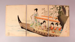 A JAPANESE MEIJI PERIOD TRYPTYCH WOOD BLOCK PRINT BY CHIKANOBU YOSHU 1838 - 1912, depicting geisha a