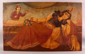 A LARGE QAJAR OIL ON CANVAS PAINTING - RECLINING FEMALE FIGURE, seated upon a chair with a prince
