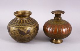TWO 18TH CENTURY SOUTH INDIAN COPPER & BRASS MOULDED LOTA VASES, 11.5cm & 10.5cm.